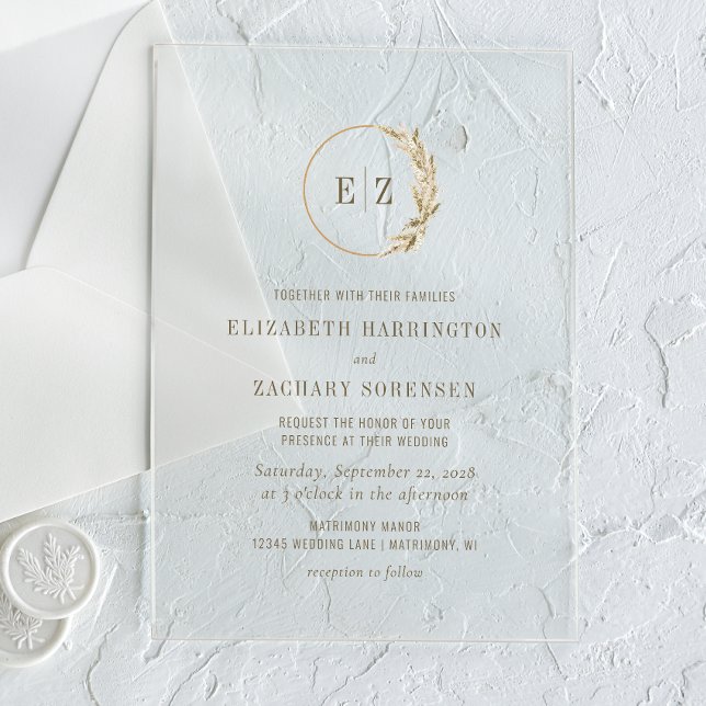 Invitations En Acrylique Boho Pampas Grass Monogramme Wreath Mariage beige (Créateur téléchargé)