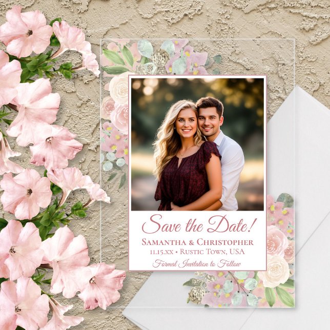 Invitations En Acrylique Boho rose Roses mariage floral Enregistrer la date (Clear Acrylic with Rectangle Cut)