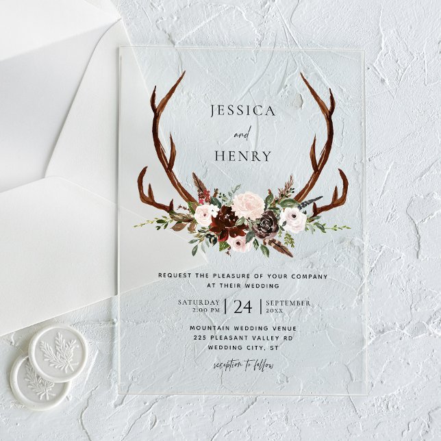 Invitations En Acrylique Boho Rustic Floral Antlers Mariage (Créateur téléchargé)