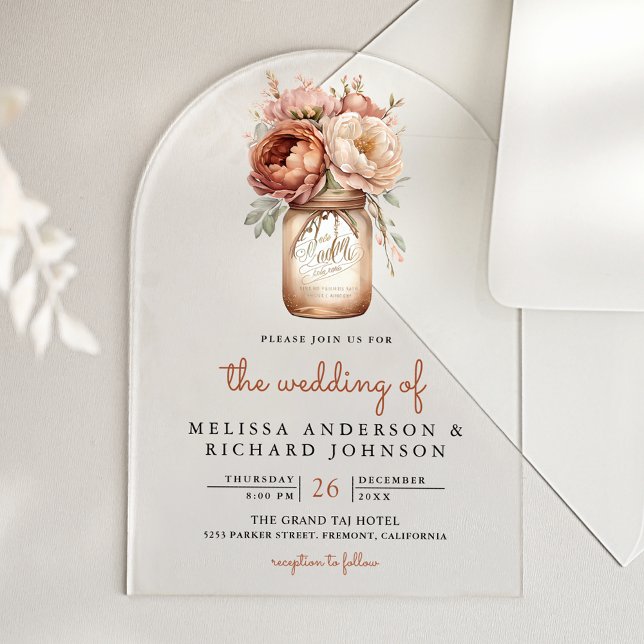 Invitations En Acrylique Boho Terracotta Floral Mason Jar Wedding (Créateur téléchargé)