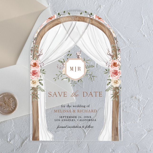 Invitations En Acrylique Bois Floral Monogramme Canopée Mariage Enregistrer (Créateur téléchargé)