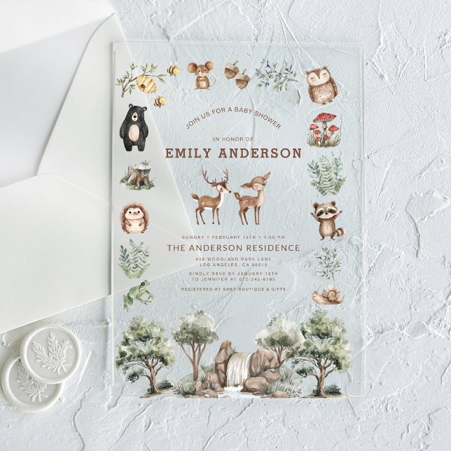 Invitations En Acrylique Boissons Animaux forestiers Baby shower neutre pou (Créateur téléchargé)