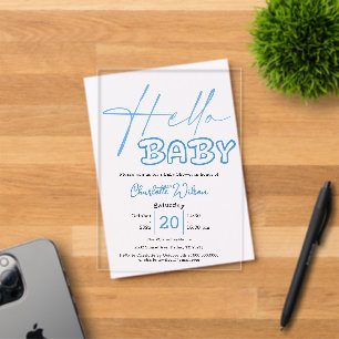 Invitations En Acrylique Bonjour Bébé Élégante Fête de Naissance Bleue