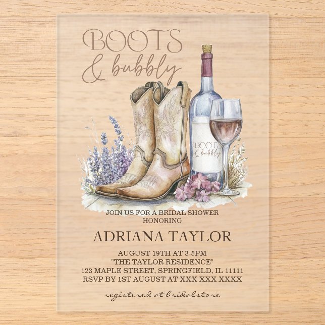 Invitations En Acrylique Boots & Bubbly Fête des mariées occidentale (Recto)