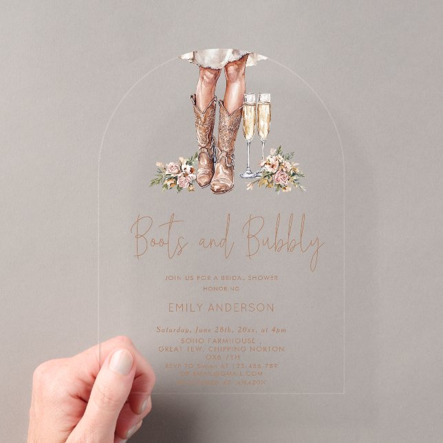 Invitations En Acrylique Boots Et Bubbly Country Fête des mariées (In situ (ordinateur de poche))
