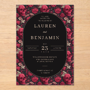 Invitations En Acrylique Bordure de crâne floral rouge gothique