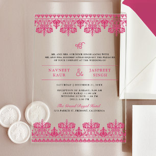 Invitations En Acrylique Bordure en damas rose Anand Karaj mariage sikh