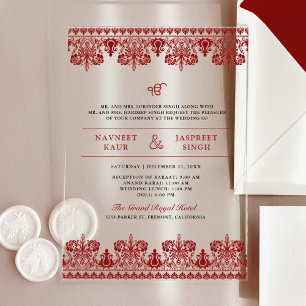 Invitations En Acrylique Bordure en damas rouge Anand Karaj mariage sikh