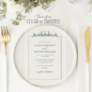 Invitations En Acrylique Bordure Florale Vert Émeraude Monogramme Mariage