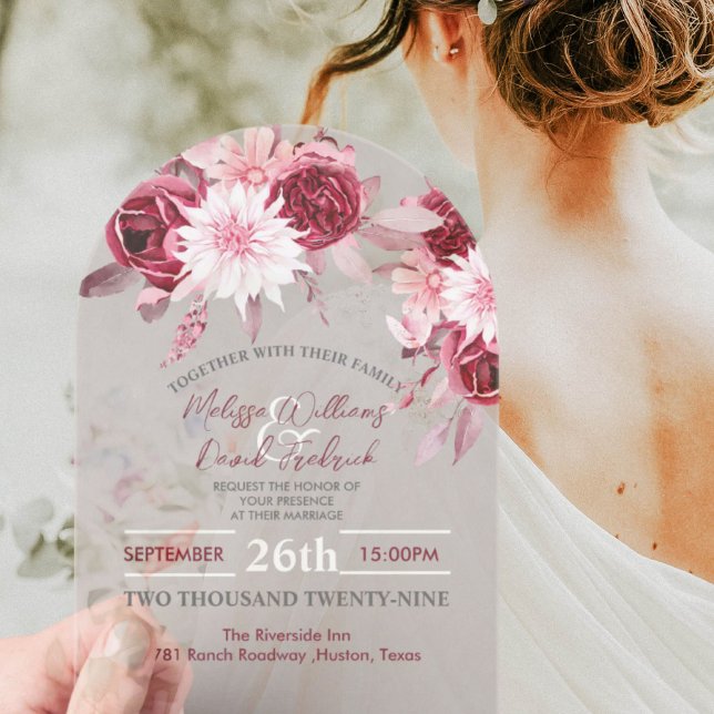 Invitations En Acrylique Botanique Boho Chic Fleurs Blush Bourgogne Mariage (Botanical Boho Chic Flowers Blush Burgundy Wedding Acrylic Invitations)