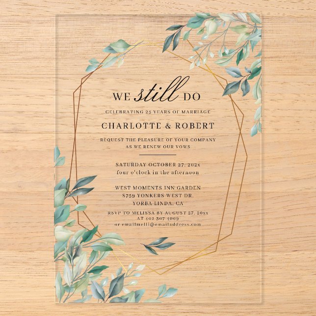 Invitations En Acrylique Botanique Vow renouveau Eucalyptus Mariage (Recto)