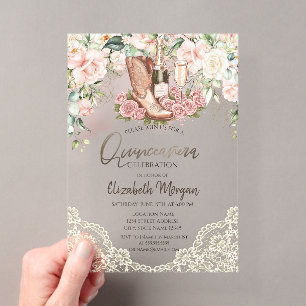 Invitations En Acrylique Botte à vin rose dentelle Quinceanera