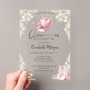 Invitations En Acrylique Bottes de cowgirl rustiques, chapeau de Quinceañer