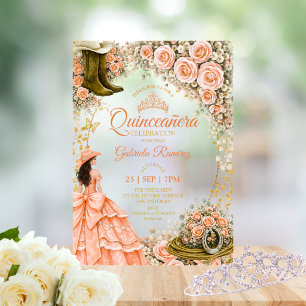 Invitations En Acrylique Bottes occidentales Roses pêche Quinceañera dorée