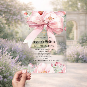 Invitations En Acrylique Boucles d'arc rose fille clair Confirmation