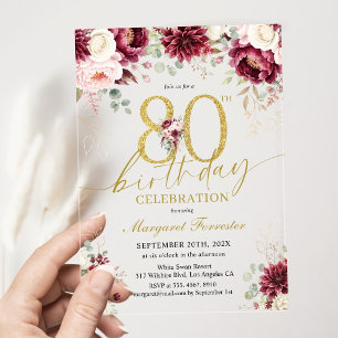 Invitations En Acrylique Bougie Rose Bourgogne pour 80e Anniversaire avec P