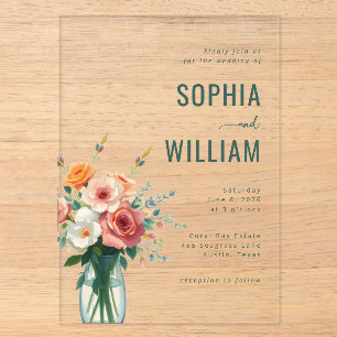 Invitations En Acrylique Bouquet floral sarcelle élégant