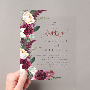 Invitations En Acrylique Bourgogne Élégant Floral Mariage