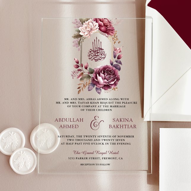 Invitations En Acrylique Bourgogne Floral Crest Mariage musulman (Créateur téléchargé)