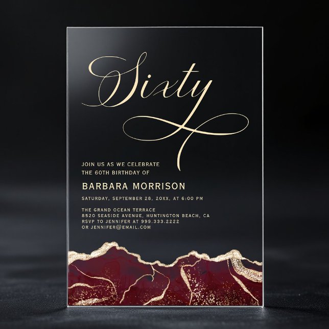 Invitations En Acrylique Bourgogne Gold Agate 60e Soixante Anniversaire (Créateur téléchargé)