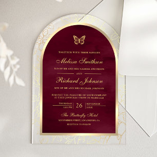 Invitations En Acrylique Bourgogne Ligne d'Or Papillon en Arc de Mariage
