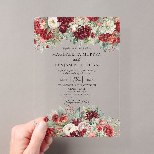 Invitations En Acrylique Bourgogne Rouge Vin Mums Floral Mariage