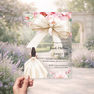 Invitations En Acrylique Bow fleurs roses robe crème claire Sweet 16