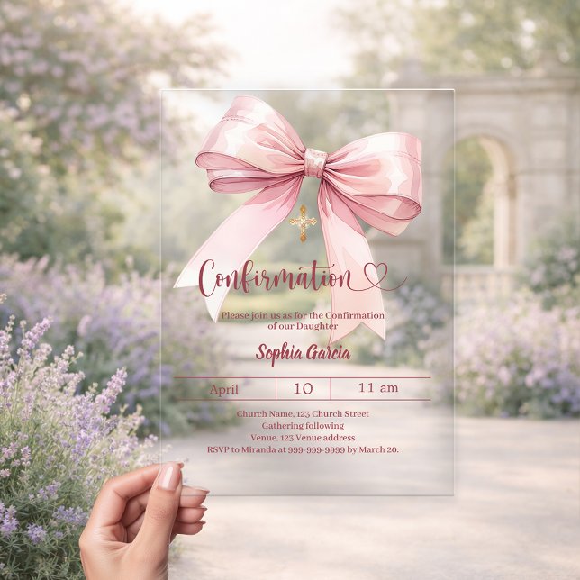 Invitations En Acrylique Bow pink girl elegant clear luxury Confirmation (Créateur téléchargé)