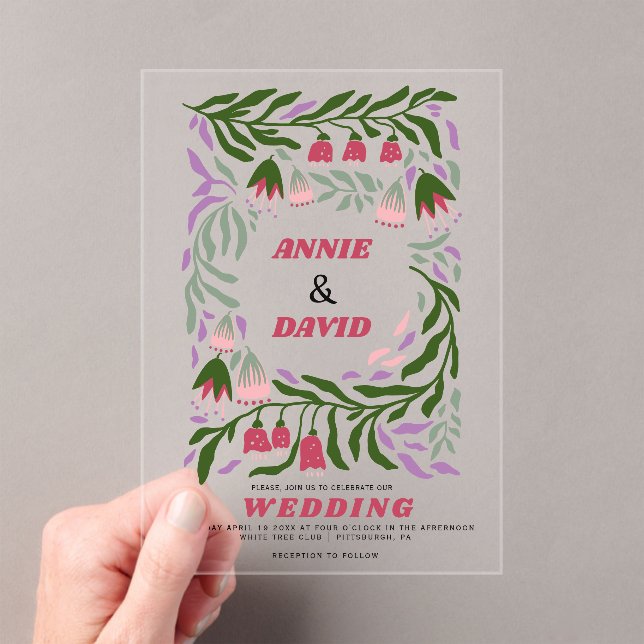 Invitations En Acrylique Branches rétro Boho et fleurs folkloriques mariage (In situ (ordinateur de poche))