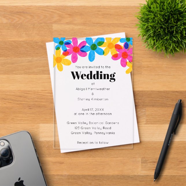 Invitations En Acrylique Bright and Bold Hippie Flowers Spring Wedding (Insitu (Carte d'invitation))