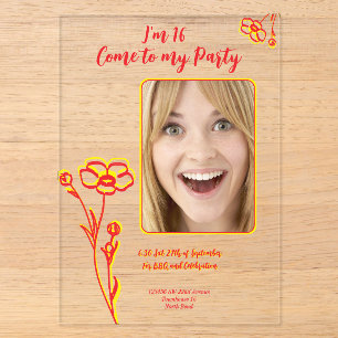 Invitations En Acrylique Bright Happy Red & Yellow Flower 16e anniversaire