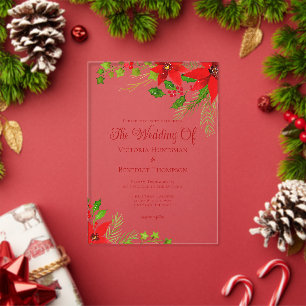 Invitations En Acrylique Bright Red Christmas Poinsettia Floral Mariage