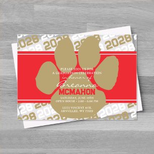 Invitations En Acrylique Bronze Gold & Red Pawprint Graduation Frosted