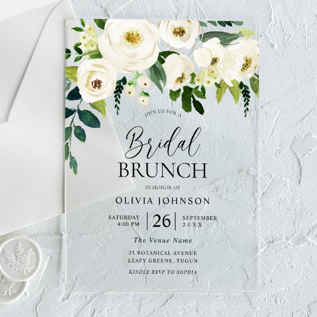 Invitations En Acrylique Brunch Fête des mariées aux fleurs blanches étonna (Créateur téléchargé)