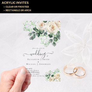 Invitations En Acrylique BUDGET Acrylique clair Mariage Roses blanches verd