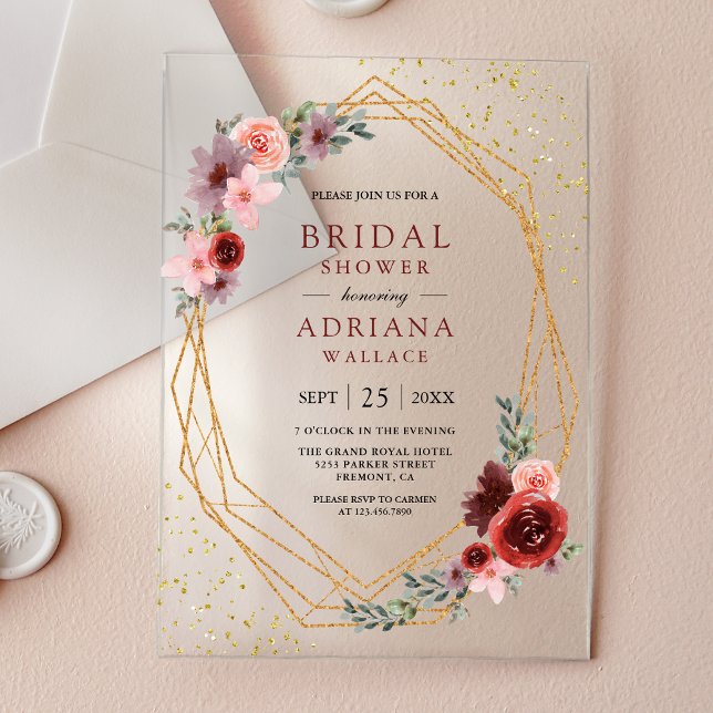 Invitations En Acrylique Burgundy Blush Pink Roses Geometric Bridal Shower  (Créateur téléchargé)