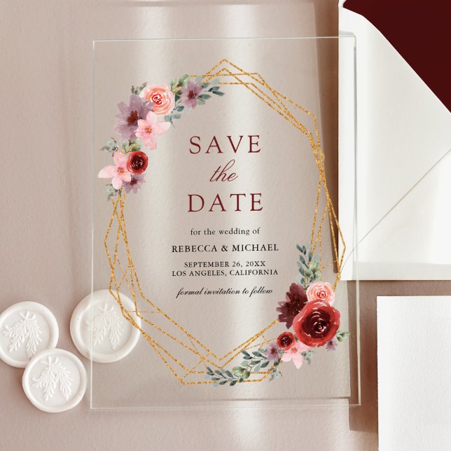 Invitations En Acrylique Burgundy Blush Rose Roses Mariage Enregistrer la d (Créateur téléchargé)