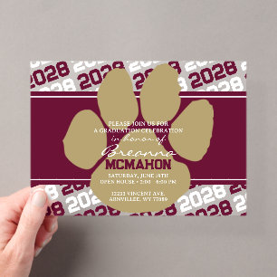 Invitations En Acrylique Burgundy & Bronze Gold Pawprint Graduation Frosted