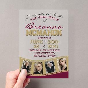 Invitations En Acrylique Burgundy & Gold Photo Graduate Filmstrip Frosted