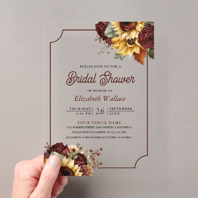 Invitations En Acrylique Burgundy Roses Sunflowers Bridal Shower (In situ (ordinateur de poche))
