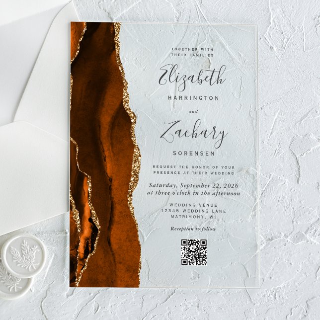 Invitations En Acrylique Burnt Orange Gold Agate QR Code Wedding (Créateur téléchargé)