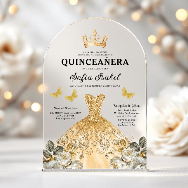 Invitations En Acrylique Butterfly Floral Gold Princess Quinceanera (Créateur téléchargé)