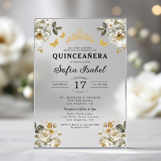 Invitations En Acrylique Butterfly Floral Gold Princess Quinceanera (Créateur téléchargé)