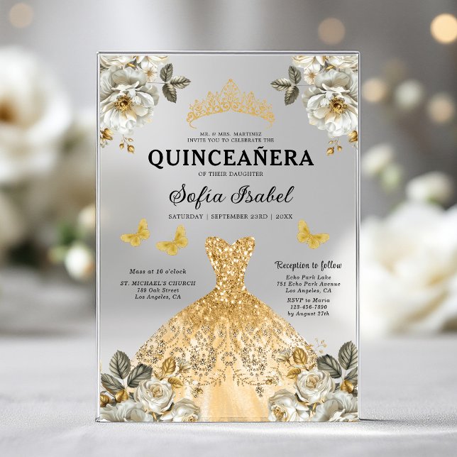 Invitations En Acrylique Butterfly Floral Gold Princess Quinceanera (Créateur téléchargé)