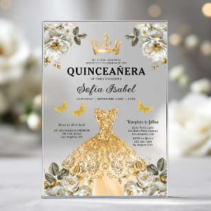 Invitations En Acrylique Butterfly Floral Gold Princess Quinceanera