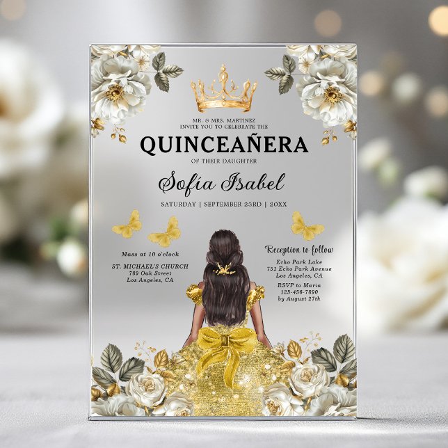 Invitations En Acrylique Butterfly Floral Gold Princess Quinceanera (Créateur téléchargé)