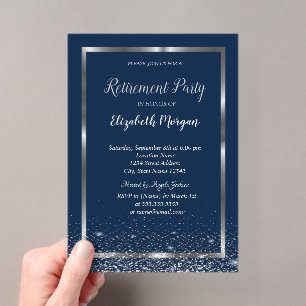 Invitations En Acrylique Cadre argenté élégant Confettis bleus marine Retra