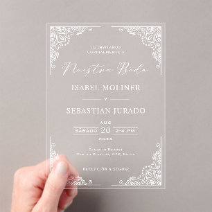 Invitations En Acrylique Cadre blanc Ornate Nuestra Boda Mariage espagnol