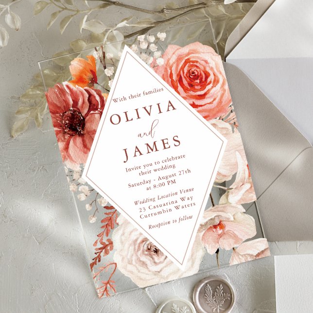 Invitations En Acrylique Cadre bohème floral Mariage moderne (Créateur téléchargé)