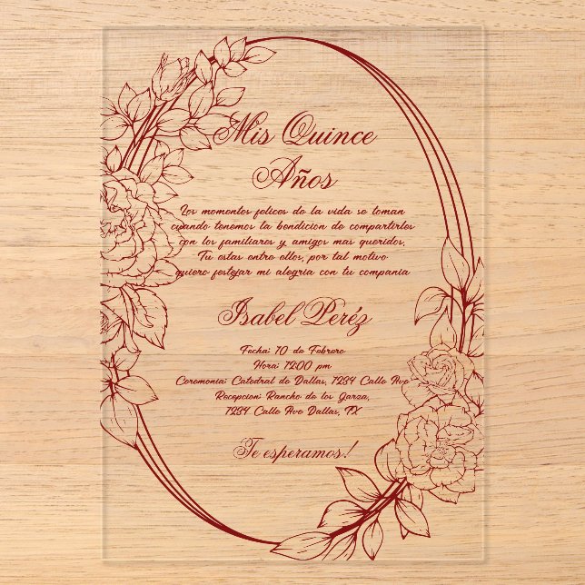 Invitations En Acrylique Cadre bordeaux Quinceanera espagnole (Recto)